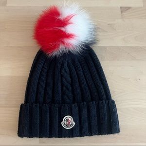 Moncler Women's Blue Tricolor Fur Pom Pom Toque